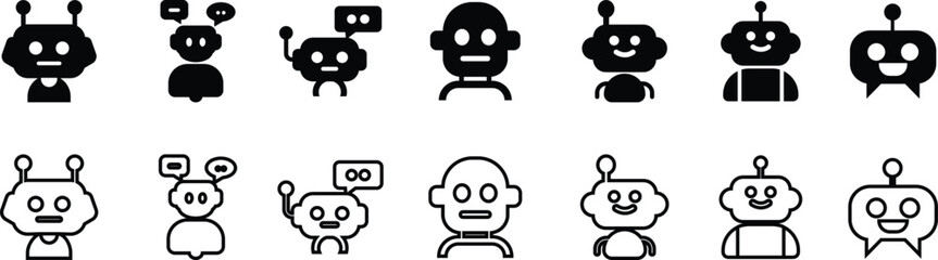 Robot face icon set in flat line collection group, artificial intelligence AI chatbot android avatar head symbol pack, robotics automation machine humanoid bot kit, synonym cyborg AI digital assistant