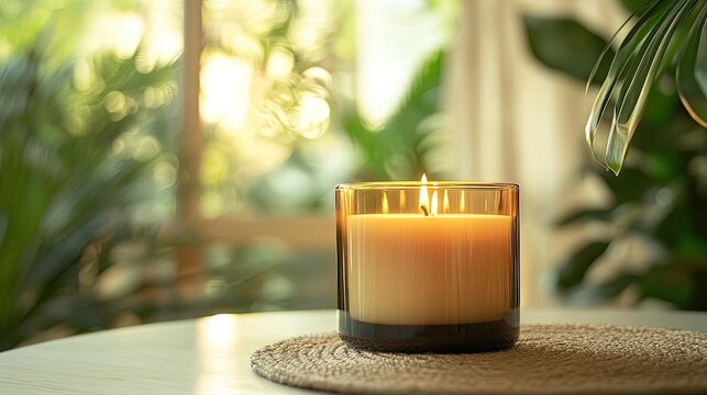 Create a calming ambiance with this elegant candle by the window, perfect for cozy evenings and refreshing mornings in a modern, naturally lit home environment
