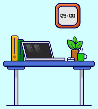 Minimalist Office Work Desk with Laptop and Clock Illustration. Use this clean asset for website headers, corporate training materials, e-learning courses, or content related to time management.