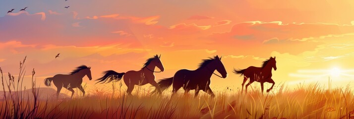 Celebrating national horse day with majestic horses running at sunset. Flat illustration. Horizontal banner. Copy space. World Animal Day