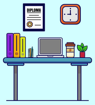 Minimalist Student Study Office Desk Illustration. Flat design vector illustration showing a clean, minimalist working space with a laptop, diploma, folders, and coffee.