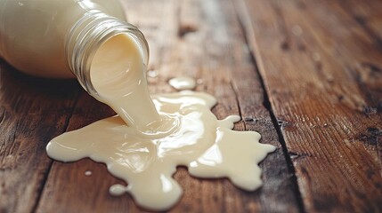 Creamy white liquid spilled from glass bottle onto rustic wooden surface creating a visually striking and potentially humorous or relatable scene perfect for blogs