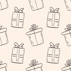 Seamless gift box pattern on beige background. Ideal for celebration-themed designs. Great for wrapping paper, greeting cards, or festive projects. Whimsical coquette vintage design.