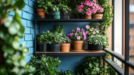 Lush potted flowers bring a tranquil urban garden to life on a modern apartment balcony, creating a vibrant and welcoming space for relaxation and mindful living