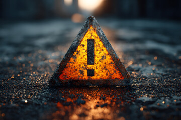 Road sign triangular shape with exclamation mark on a background of asphalt. The texture of the tarmac, top view.