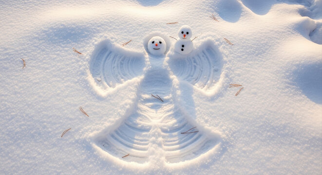 Overhead view of a snow angel with a smiling face, surrounded by pristine white snow, capturing the joyful essence of winter fun and creativity, making