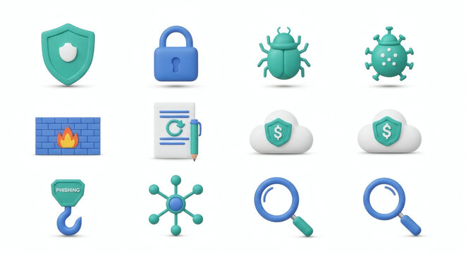 Modern 3D Digital Security Icons Collection Essential Symbols for Cybersecurity, Data Protection, Cloud Computing, and Threat Management Solutions