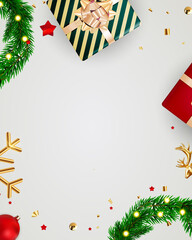 Christmas and New Year Greeting Card Banner with White Background, Green Garland Borders, Presents and Classic Christmas Elements, Perfect for Holiday Posters, Seasonal Packaging, Festive Cards.