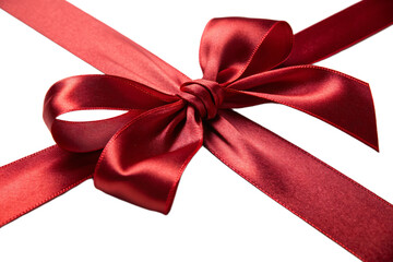 Shiny Red Satin Ribbon Gift Bow with Loops and Tails Isolated on White Background