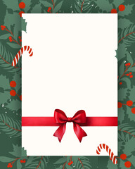 Christmas and New Year Greeting Card Illustration Featuring Pine Branches, Candy Stick and Red Ribbon Border with White Blank Space in the Center, Designed with Classic Christmas Elements for Posters