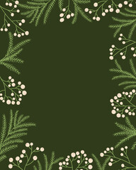 Christmas & Happy New Year Card Illustration Featuring Green Background, Christmas Tree Branch Borders and Gift Elements, Designed for Premium Holiday Posters, Greeting Cards and Packaging Templates
