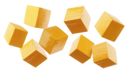 Several small yellow wooden blocks floating in the air isolated on transparent background