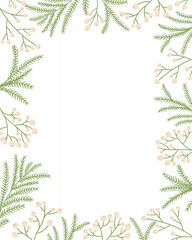 Christmas and New Year Greeting Card Illustration with White Background, Evergreen Tree Branch Frames, Festive Gifts and Holiday Details, Suitable for Seasonal Posters, Cards and Packaging Layouts
