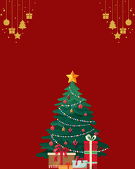 Christmas Greeting Card Illustration with Red Background, Classic Decorated Christmas Tree, Wrapped Gifts and Festive Holiday Elements, Perfect for Seasonal Greeting Cards, Posters, Social Media
