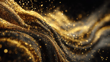 Golden glitter, metallic dust, abstract wave, shimmering texture, luxury background, festive mood