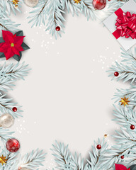 Winter Christmas and New Year Greeting Card Illustration Featuring White Background, Evergreen Tree Branch Frames, Holiday Gift Boxes & Decorative Elements, Perfect for Posters, Social Media.