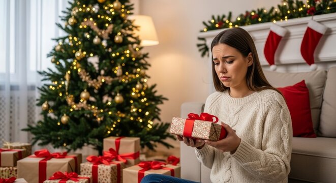 Young woman in a sweater looking at Christmas present, sitting near tree in home. Depressed female in a winter scene.
