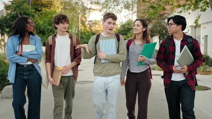 Group of university student friends walking going to classes. Diversity in school and education