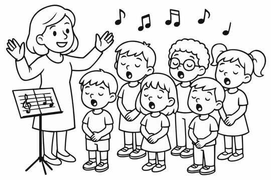 Children's coloring book - Female choir director conducting children singing in black and white  