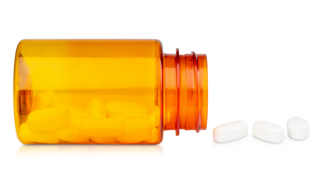 Pill Bottle. Pills, tablets, drugs or vitamins. American bottle of medicine. Concept for pharmacy, hospital, doctors office, disease, illness, sick people. Dose of pills. Doctor prescription