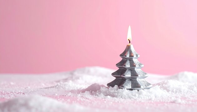 Silver tree candle burning on snow, pink backdrop