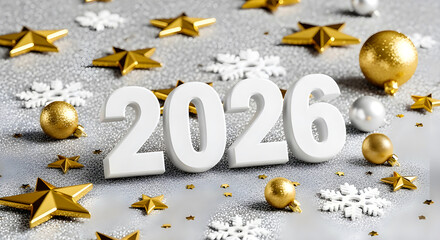 Glittering 2026 New Year Celebration With Gold Stars, Ornaments, Snowflakes and Glitter Decor