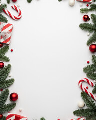 White Background Christmas and Happy New Year Card Illustration with Decorative Christmas Tree Branch Frames, Wrapped Gifts & Classic Festive Elements, Ideal for Holiday Posters, Greeting Cards.