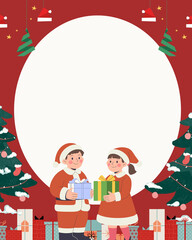 Festive Christmas and New Year Greeting Card Artwork Featuring Cream Tone Background, Christmas Tree Frames, Gifts and Decorative Holiday Details, Ideal for Packaging, Winter Posters, Invitations.