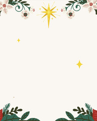 Christmas Greeting Card Illustration with a Soft Cream Background Featuring Golden Stars, Holly Leaves and Red Berries Arranged in a Festive Decorative Layout, Perfect for Holiday Greeting Cards