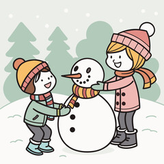 Children happily building a snowman together in a snowy winter forest