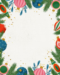 Christmas and New Year Greeting Card Illustration With White Background, Christmas Tree Branch Borders, Gift Decorations & Holiday Icons, Perfect for Festive Posters, Packaging Artwork & Seasonal Card