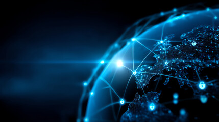 Digital globe with illuminated network connections and security icons representing global data exchange and cybersecurity in a futuristic, blue-toned visualization