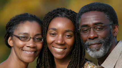 Three smiling African American adults, two women and one man, posing closely outdoors with a blurred natural background