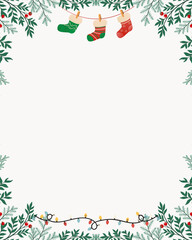 Christmas and Happy New Year Greeting Card Illustration with White Background, Classic Christmas Tree Branch Frames, Gifts & Festive Holiday Elements, Ideal for Cards, Posters, Seasonal, Social Media.