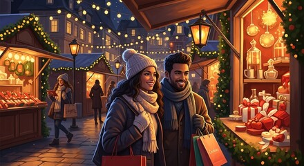 A smiling couple in winter wear shopping at a Christmas market, with shopping bags. Romantic holiday scene for advertising.