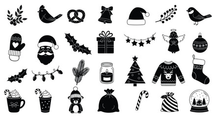 Collection of christmas themed icons in black and white illustration