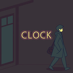 Person walking past a neon clock sign at night