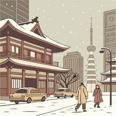 Snowy tokyo street scene with traditional temple and modern tower