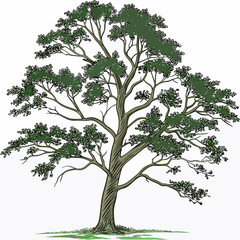 Stylized illustration of a large deciduous tree with green foliage and textured bark