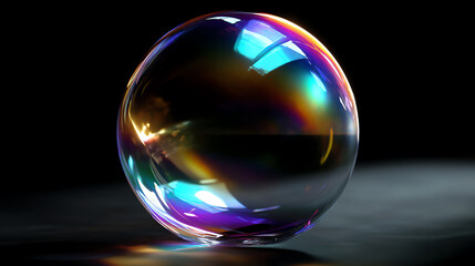 A close-up of a translucent soap bubble reflecting vibrant colors and light against a dark, blurred background, highlighting its smooth, spherical surface and delicate texture