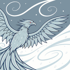Stylized illustration of a light blue phoenix with red eyes in flight