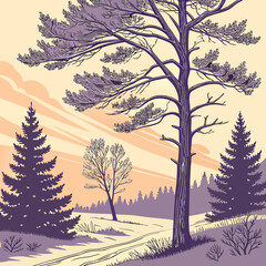 Stylized winter landscape with pine trees and a bare tree under a pastel sky