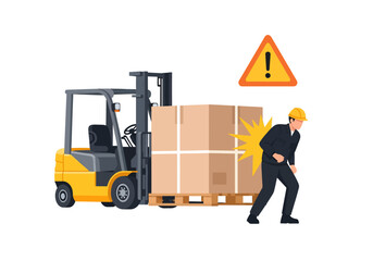 Under a hovering warning triangle, a yellow forklift carrying a view-obstructing load strikes a worker's back in this industrial safety illustration