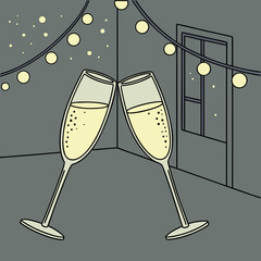 Two champagne glasses clinking together with string lights overhead