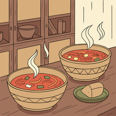 Warm hearty soup served in rustic bowls with bread on a wooden table