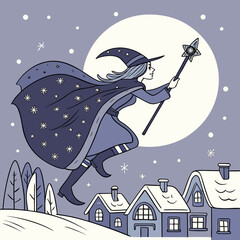 Whimsical witch flying over snowy village under a full moon