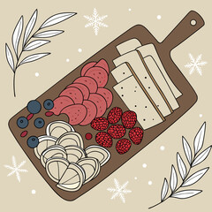Winter charcuterie board with salami cheese berries and pretzels