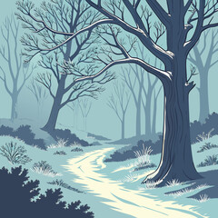 Winter forest path with bare trees and soft light