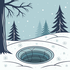 Winter landscape with a hole in the snow and evergreen trees