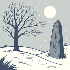 Winter landscape with bare tree rune stone and moonlit snow